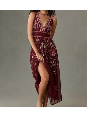 Anthropologie V Neck Deco Midi Dress Embroidered Boho Chic Feminine Womens L